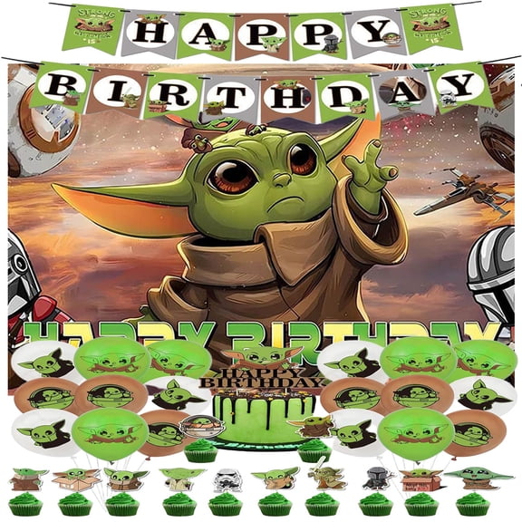 Master Yoda Party Supplies, Birthday Party Decorations Set Include Banner, Backdrop, Balloons, Cake Cupcake Toppers, for Boys Girls YodaBaby Theme Party