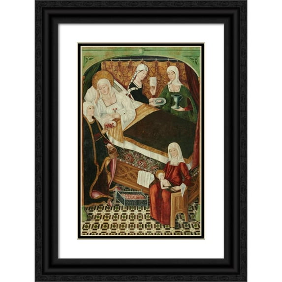 Master of Villalobos 13x18 Black Ornate Wood Framed Double Matted Museum Art Print Titled - Birth of the Virgin (15th Century)