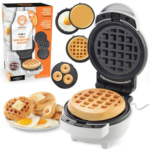 MasterChef 3-in-1 Mini Breakfast Maker- Make Eggs, Pancakes, Waffles & More in 1 Easy to Use Appliance! 3 Removable Non-Stick Cooking Plates for Quick Cleaning & Storing- Compact Baker Cooker Y101
