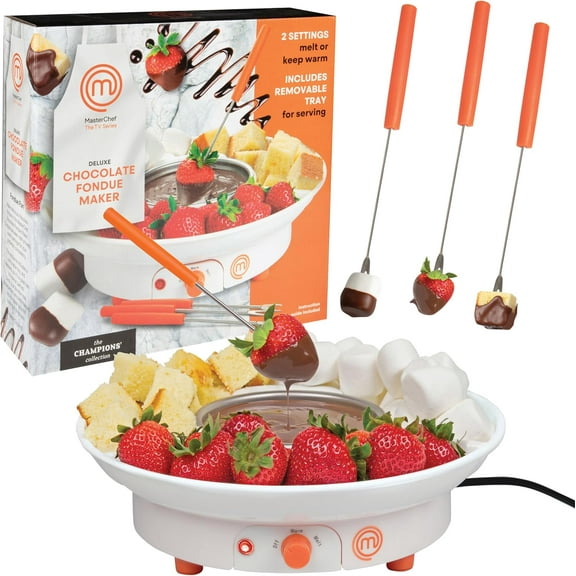 MasterChef Chocolate Fondue Maker- Candy Bar Melter, Charcuterie Must Have- Electric Dessert Fondue Pot Set w 4 Forks & Party Serving Tray- Melt, Warm Settings for Caramel & Cheese