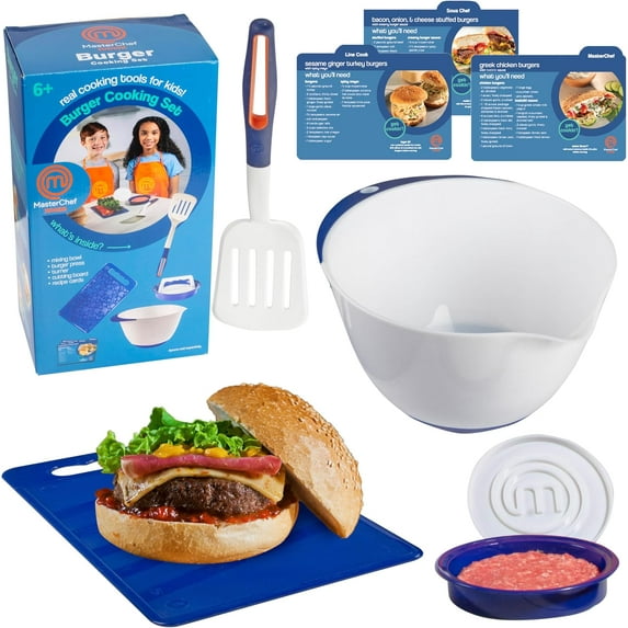 Masterchef Junior Kid's Burger Cooking Set- 9 Piece Kit Includes Real Cookware for Children- Bowl, Cutting Board, Spatula, Sandwich Recipes, and Hamburger Press- Non-Slip Silicone Grips