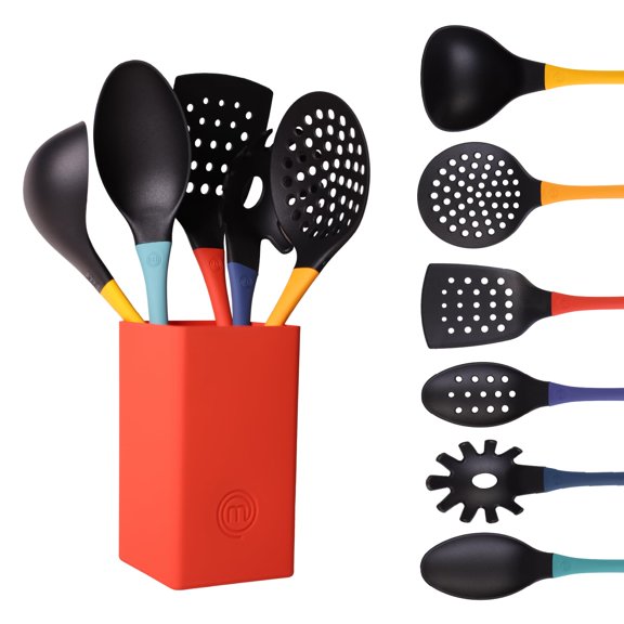 MasterChef Kitchen Set with Holder, Nylon Cooking Set of 6, Non Toxic & Non Scratch Tools for Non Stick Cookware incl. Cooking Spoons & Spatulas, Heat Resistant, Color Collection Y101