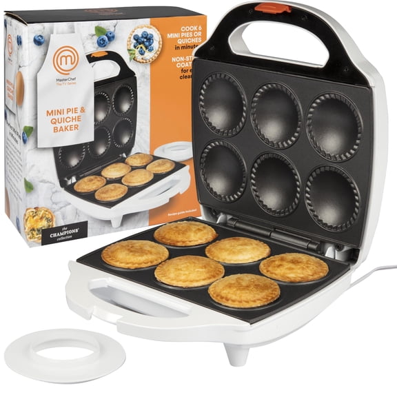 MasterChef Mini Pie & Quiche Maker- Baker Cooks 6 Pies or Quiches in Minutes- Non-stick Cooker w Dough Cutting Circle for Easy Measurement & Filling, Must Have Machine for Desserts & Appetizers Y101