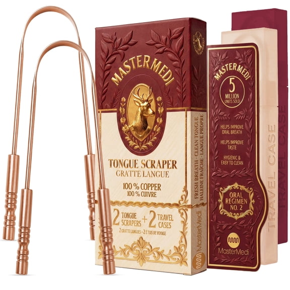 MasterMedi Copper Tongue Scraper with Case Easy to Use Tongue Scraper for Adults, Tongue Cleaner for Oral Care & Hygiene Copper Set of 2 (with Travel Case)