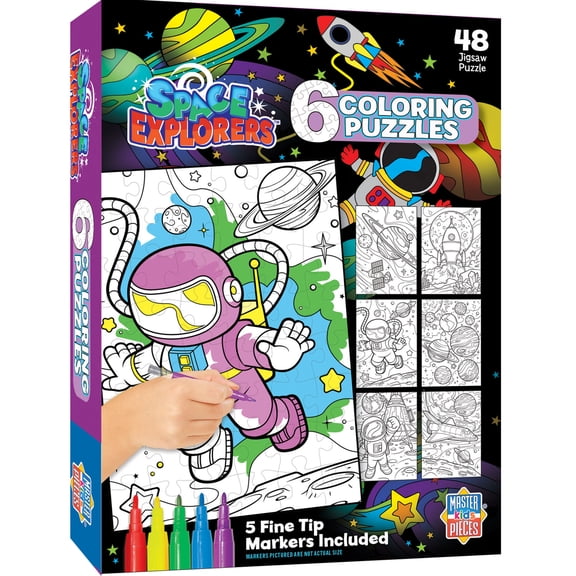 MasterPieces 48 Piece Coloring Puzzles - Space Explorers - 6-Pack with Markers
