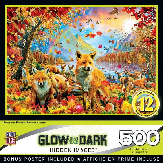 MasterPieces - 500 Piece Jigsaw Puzzle, Glows in The Dark, Hidden Images, Fox and Friends, Fun for Adults, Family, Kids, 15" x 21"