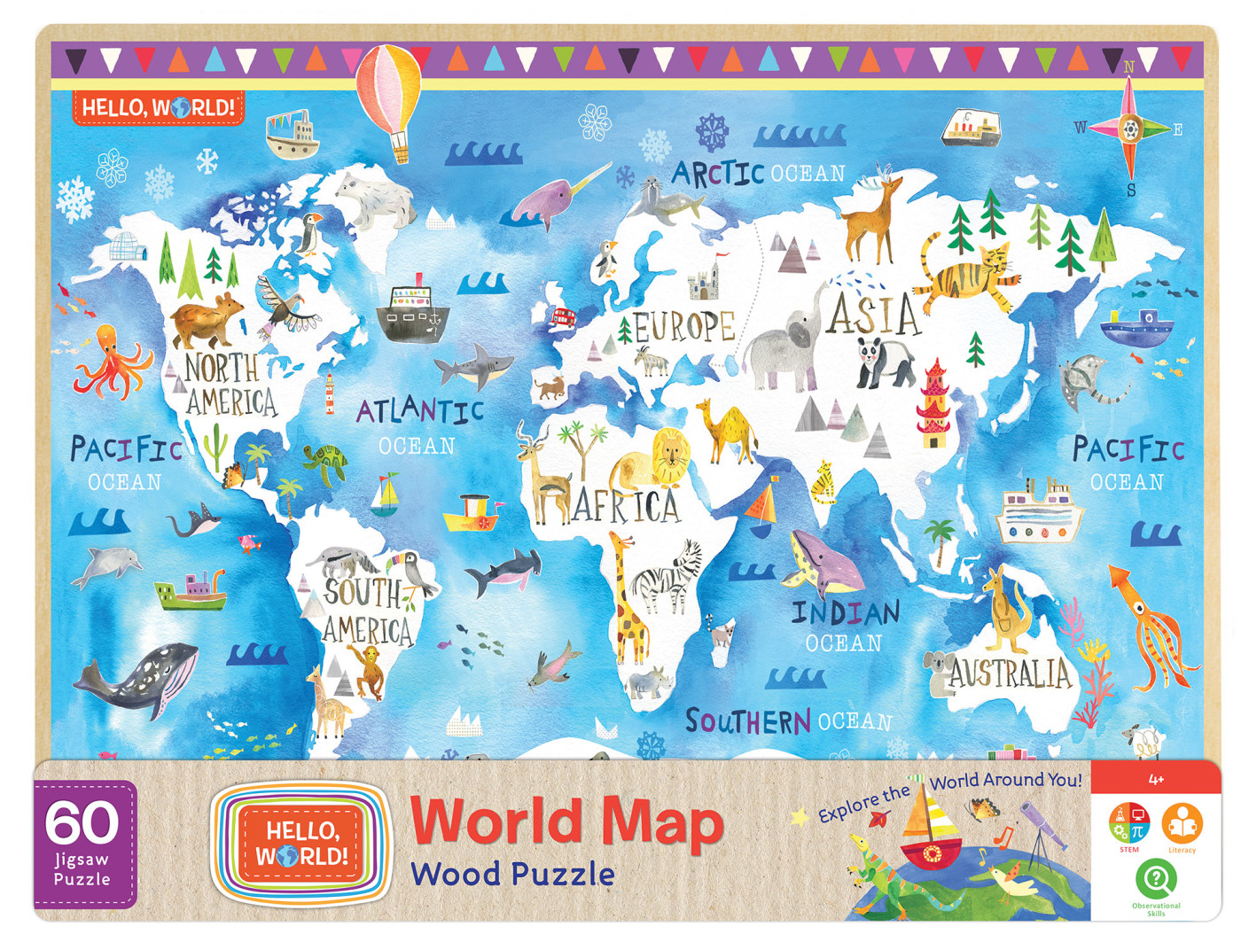 MasterPieces 60 Piece Kids Jigsaw Puzzle - Hello, World! Map Wood Puzzle