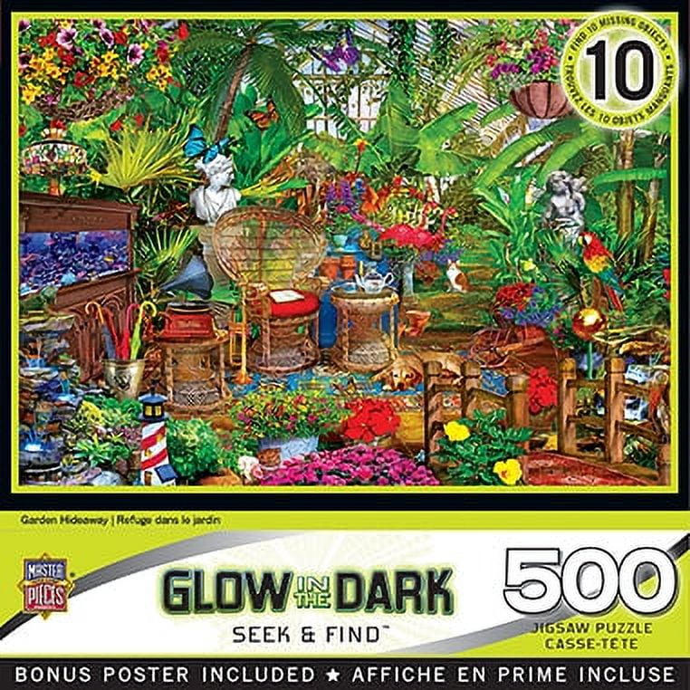 MasterPieces Glow in the Dark Seek & Find - Garden Hideaway 500-Piece Interlocking Jigsaw Puzzle - Styles May Vary