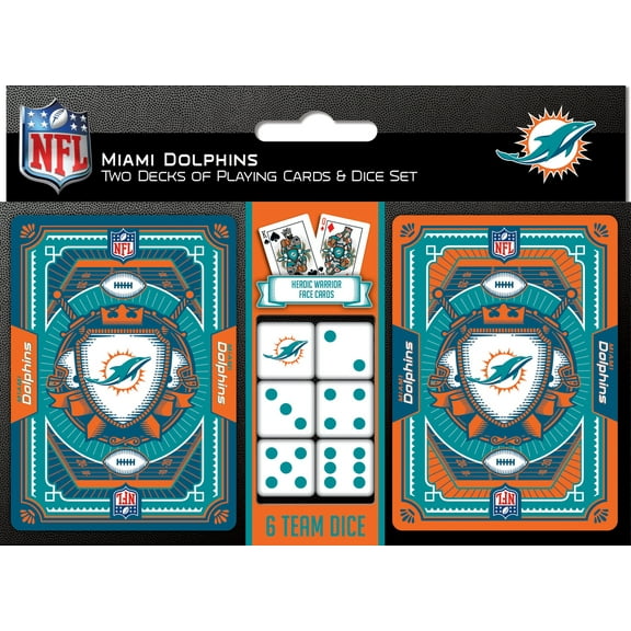 MasterPieces Officially Licensed NFL Miami Dolphins 2-Pack Playing cards & Dice set for Adults