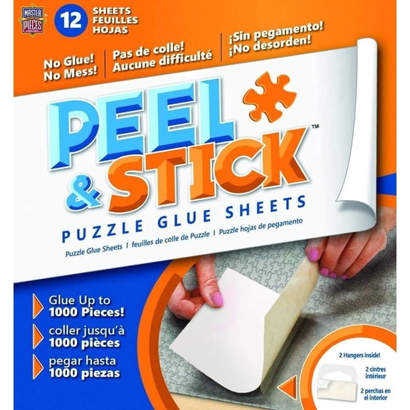 MasterPieces Peel and Stick Puzzle Glue, Clear Puzzle Glue Sheets with 2 Hangers 12-Pack