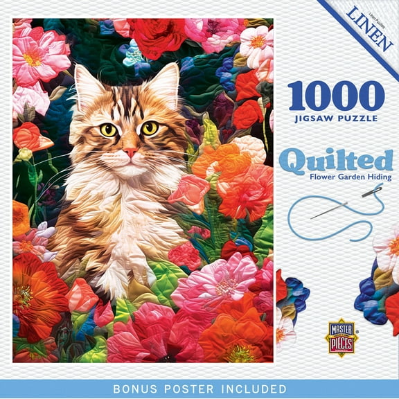 MasterPieces Quilted Flower Garden Hiding 1000 Piece Jigsaw Puzzle - Cozy Cat in Quilt Design