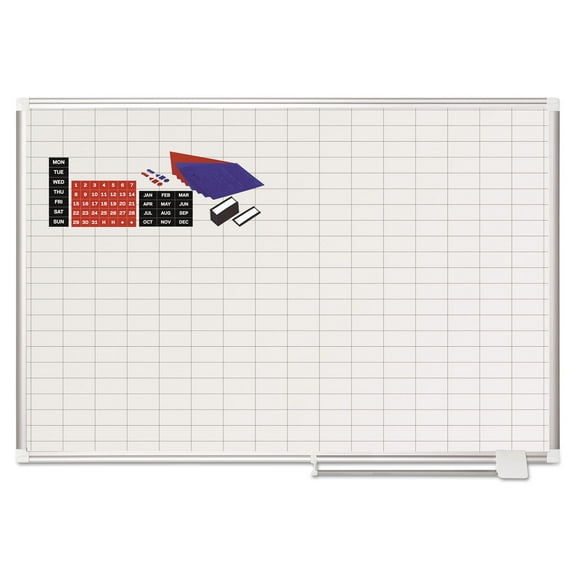 MasterVision MA0592830A 1 in. x 2 in. Grid 48 in. x 36 in. Aluminum Lacquered Steel Magnetic Dry Erase Planning Board with Accessories - White/Silver