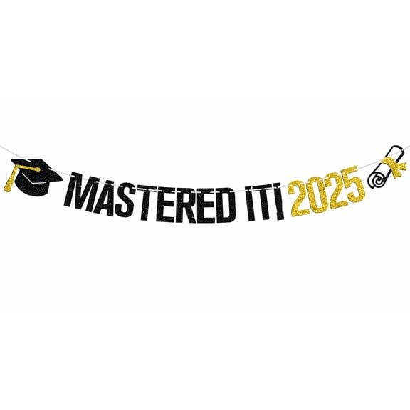 Mastered It Banner, Congrats Masters, Master Degree Survivor, Class of 2025 College Universary Graduation Party Decorations Supplies, Black and Gold Glitter