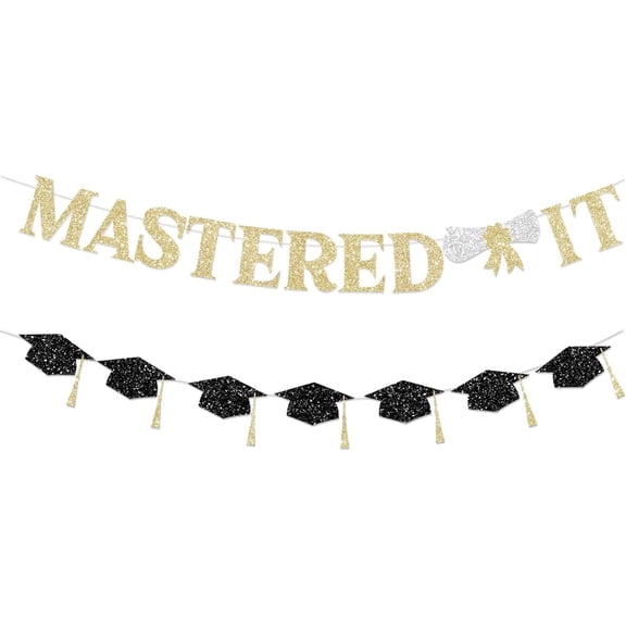 Mastered It Gold Glitter Banner with Silver Diploma & Black Graduation Cap Cutouts, Master Graduation Party Decor Supplies