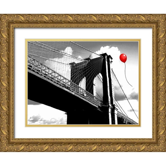 Masterfunk collective 24x19 Gold Ornate Wood Framed with Double Matting Museum Art Print Titled - Balloon over Brooklyn Bridge