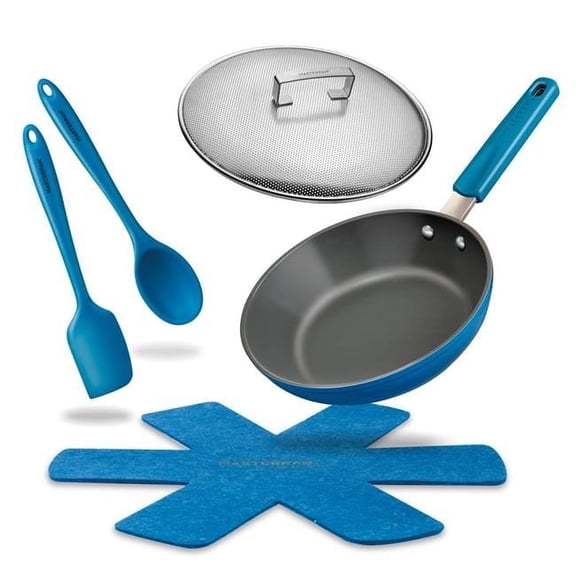 MASTERPAN Ceramic Nonstick Stovetop Oven Frypan Skillet Stainless Steel Lid Set, Azure Color 9.5"(24cm)