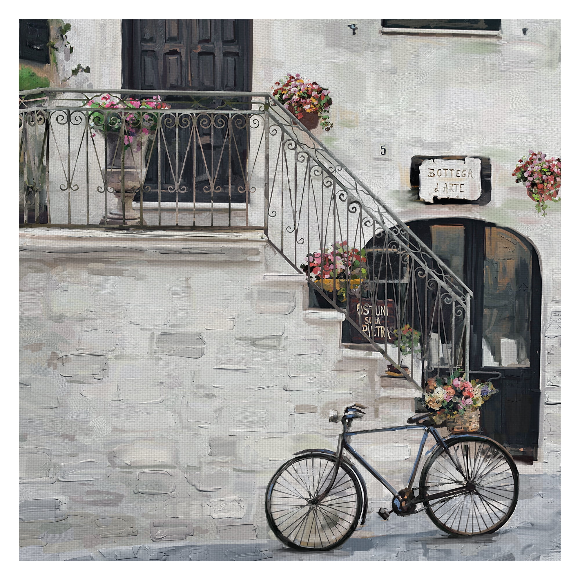Charming European Sidewalk Bicycle Canvas Art Print 24" x 24"