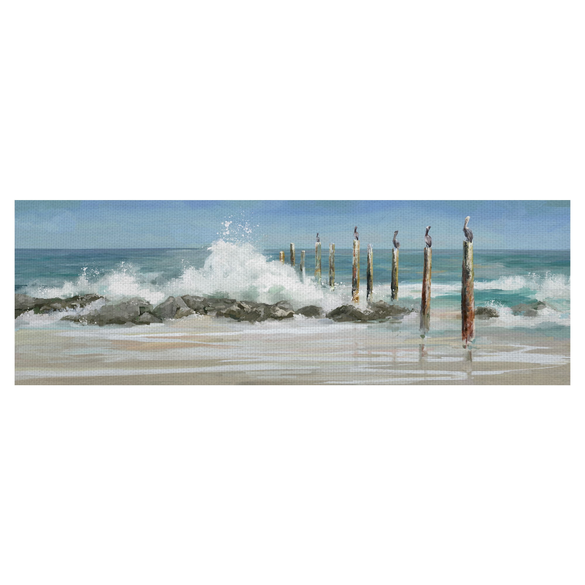 Coastal Blue and Beige Canvas Art Print with Pelicans, 16" x 48"