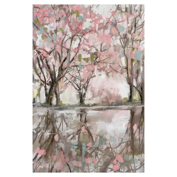 Masterpiece Art Gallery Pink Blossom Reflection Lake & Trees By Studio Arts Canvas Art Print 24" x 36"