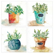 Masterpiece Art Gallery Potted Basil Bay Leaf Rosemary Thyme Herbs By Carol Robinson Canvas Art Print Set Of 4 (16" x 16")