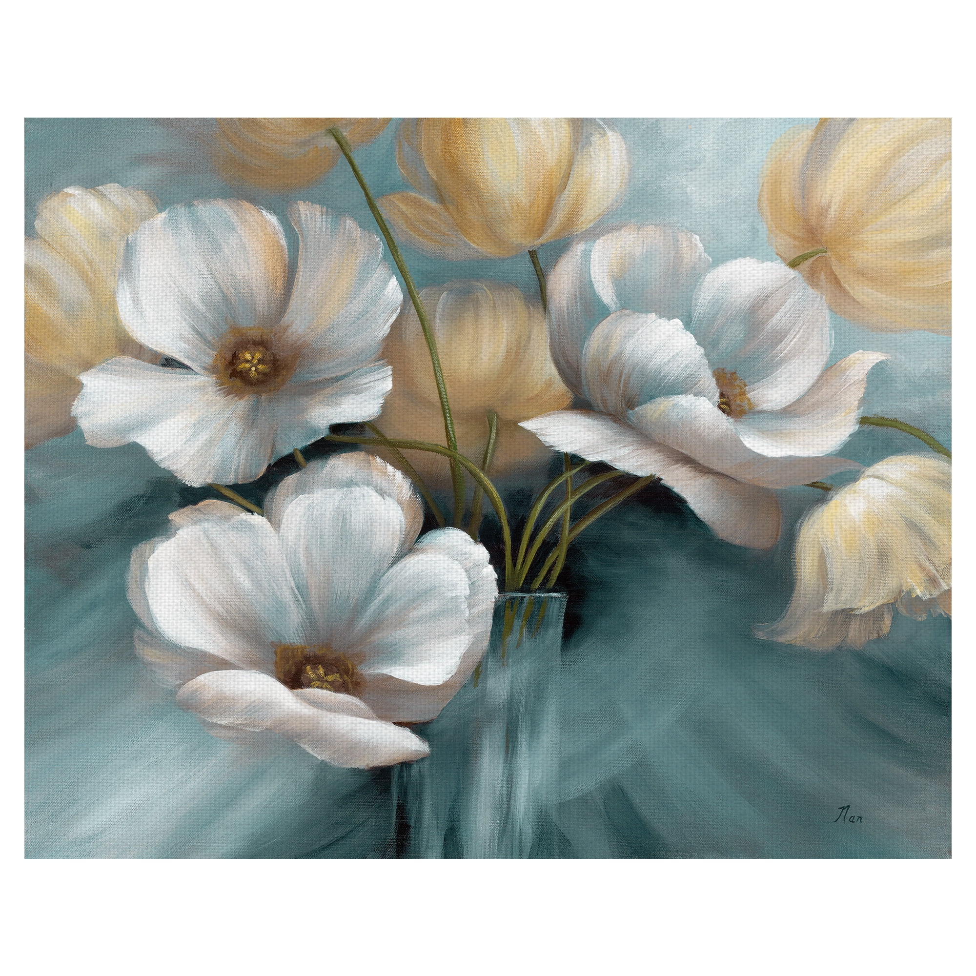 Teal and Beige Floral Canvas Art Print for Kids Room