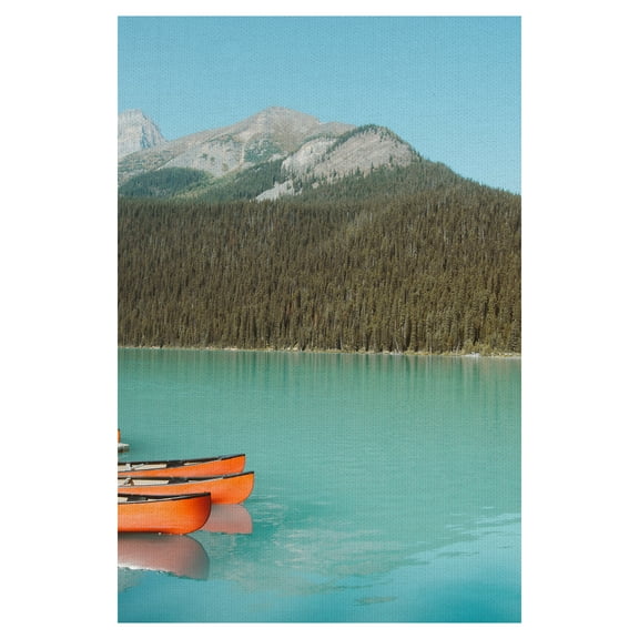 Masterpiece Art Gallery Three Canoes Lakeside Mountain by Michael Heuser Canvas Art Print 24" x 36"