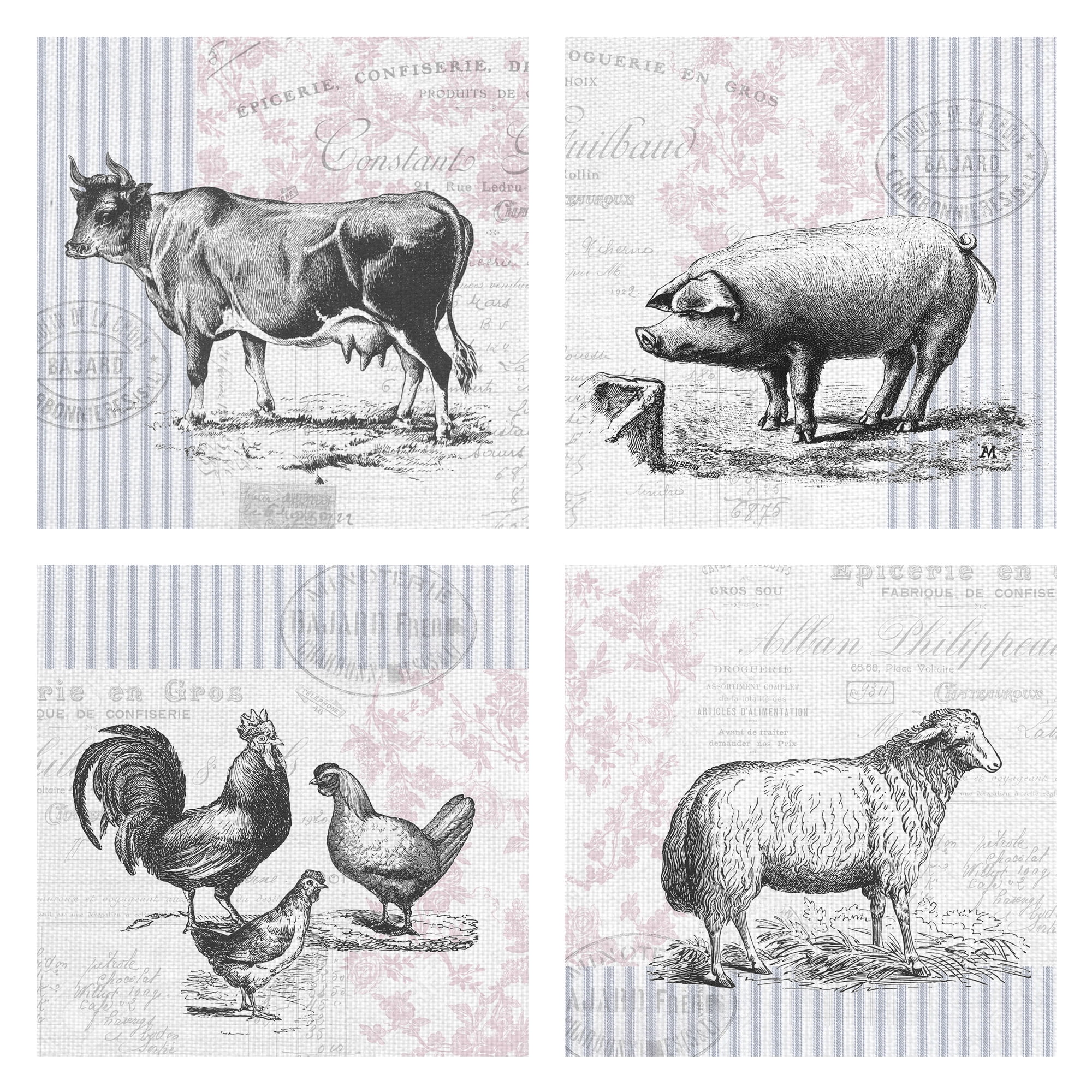 Masterpiece Art Gallery Ticking Cow, Pig Rooster and Sheep by Lynnea Washburn Canvas Art Print Set of 4 (16" x 16")