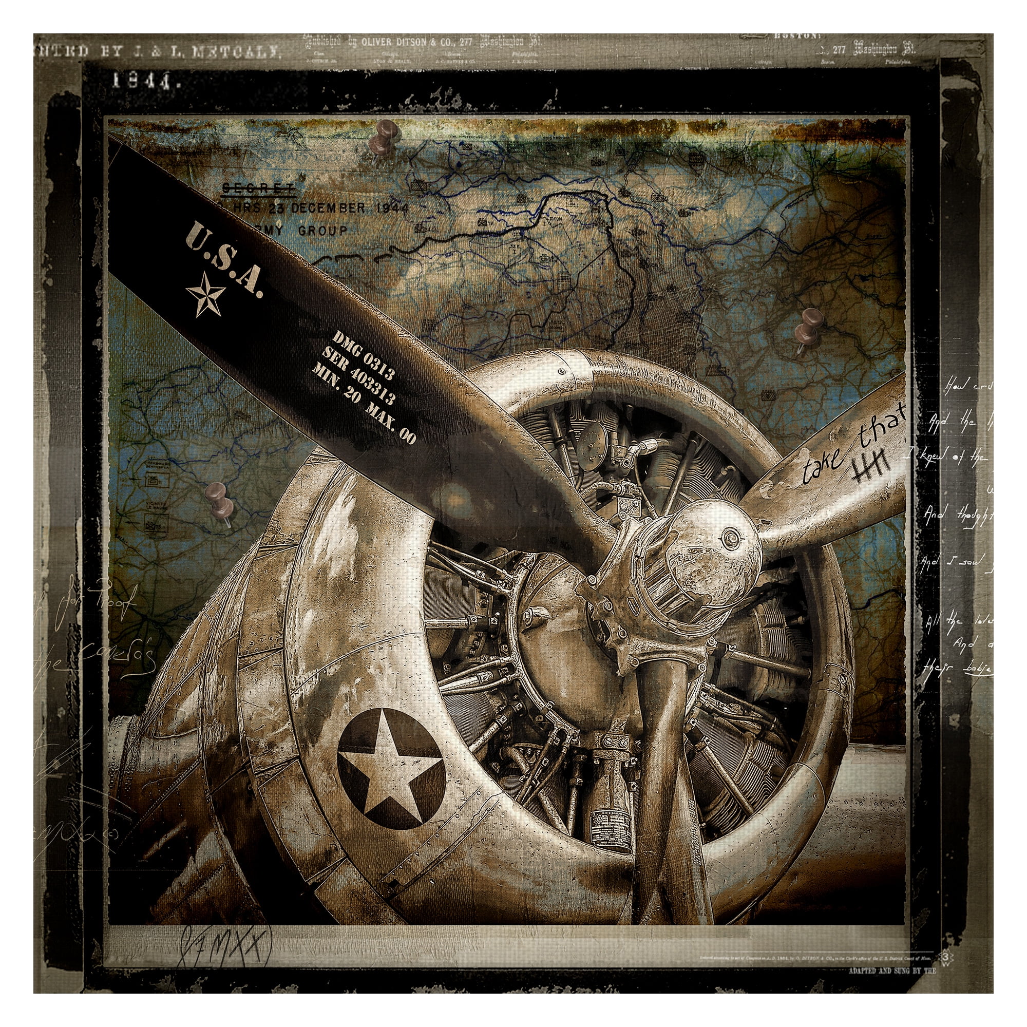 Vintage WWII Fighter Plane Canvas Print in Brown and Blue