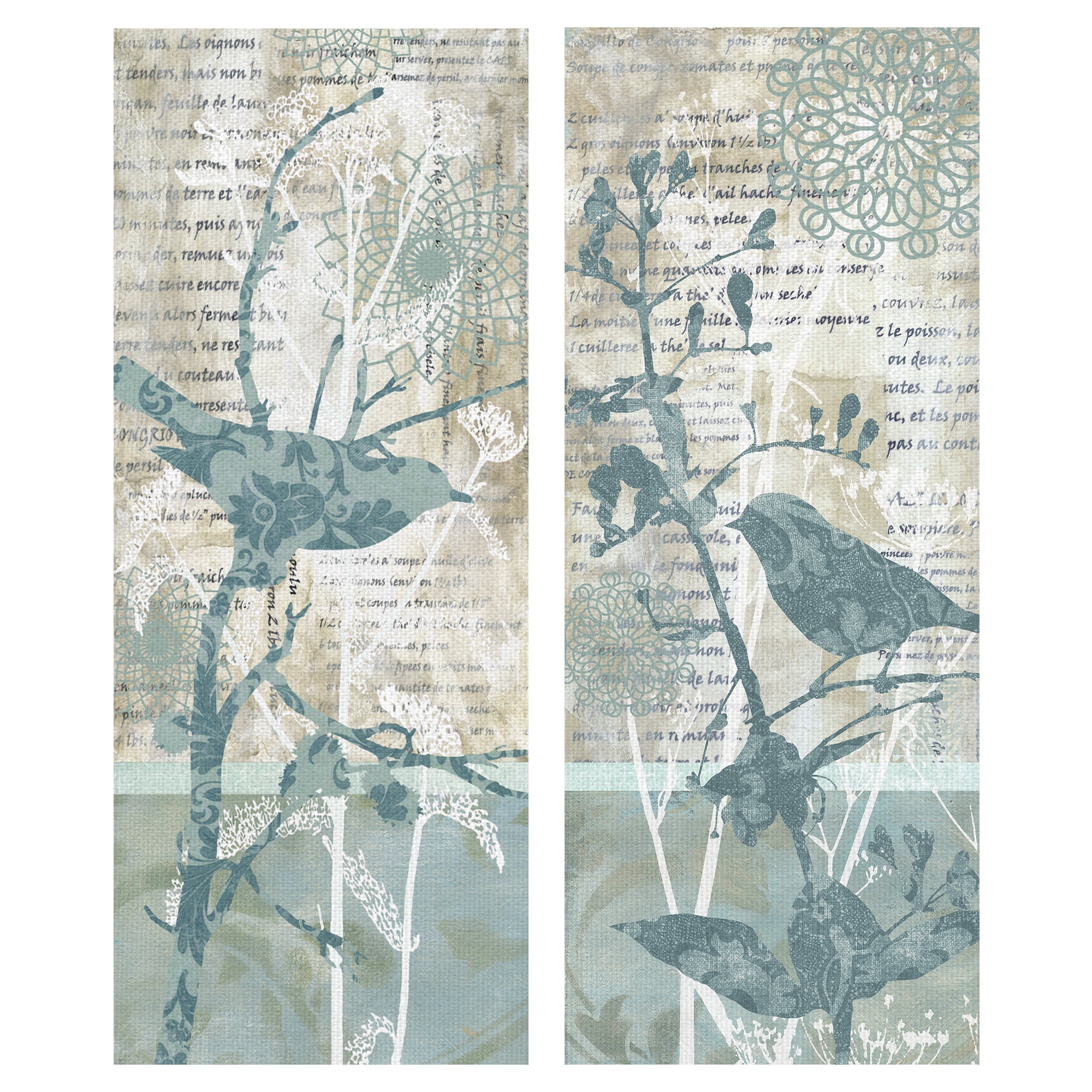 Winter Birds Teal and White Canvas Art Print Set of 2