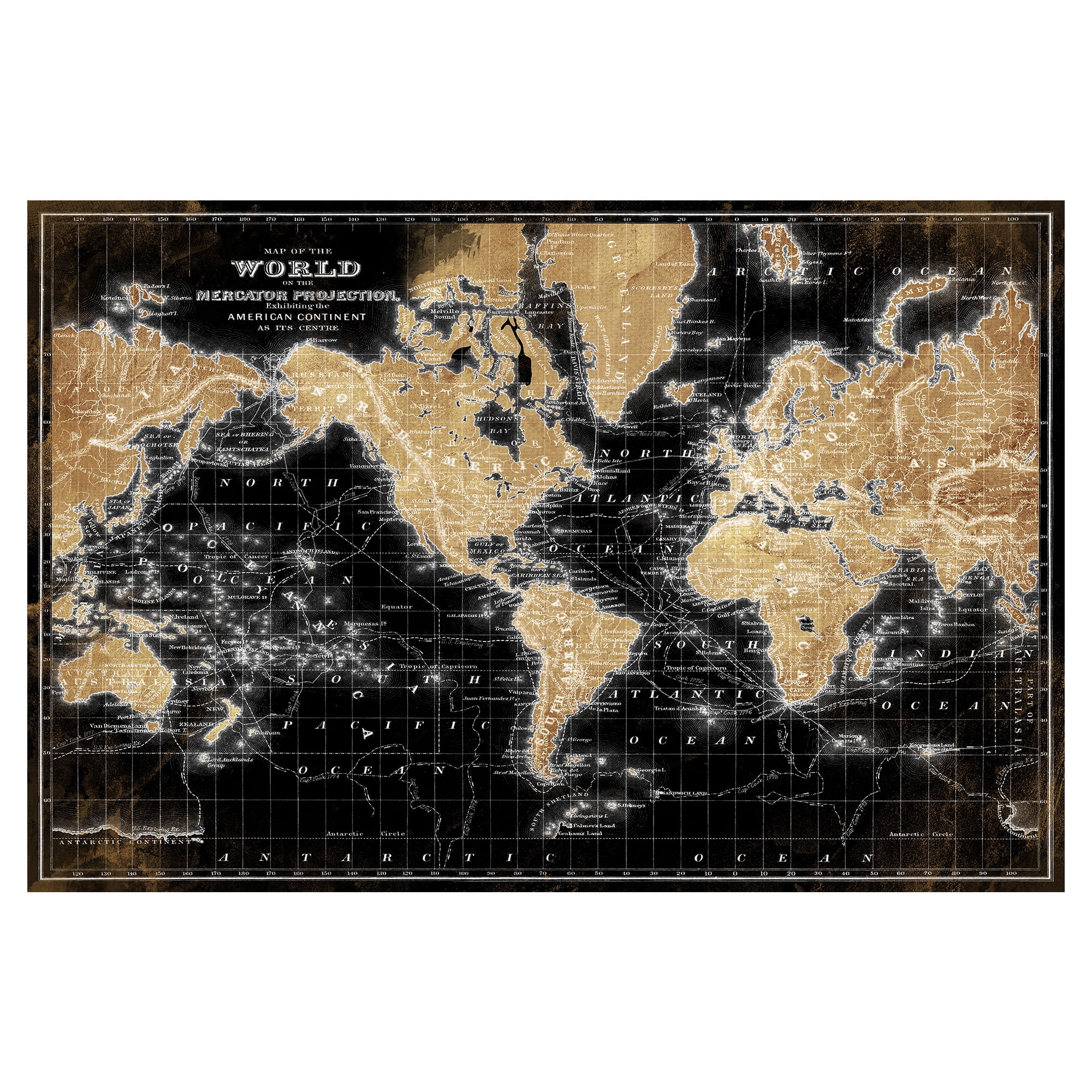 Masterpiece Art Gallery World Map On Black By Belle Maison Canvas Art Print 24" x 36"
