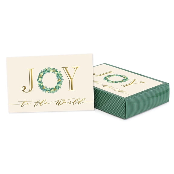 Masterpiece Joy To The World Gold Foil Christmas Card Set / 16 Boxed Holiday Wreath Note Cards With Coordinating Red Envelopes / 4" x 6" Folded Winter Greeting Cards With Inside Verse