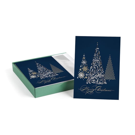 Masterpiece Metallic Tree Gold And Silver Foil Christmas Card Set / 16 Boxed Holiday Cards With Coordinating Silver Foil Envelopes / 5 5/8" x 7 7/8" Folded Greeting Cards With Inside Verse