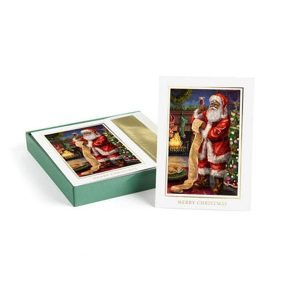 Masterpiece Santa's List Christmas Cards / 16 Holiday Cards With Gold Foil And Coordinating Gold Foil Lined White Envelopes / 5 5/8" x 7 7/8" Folded Greeting Cards With Inside Verse