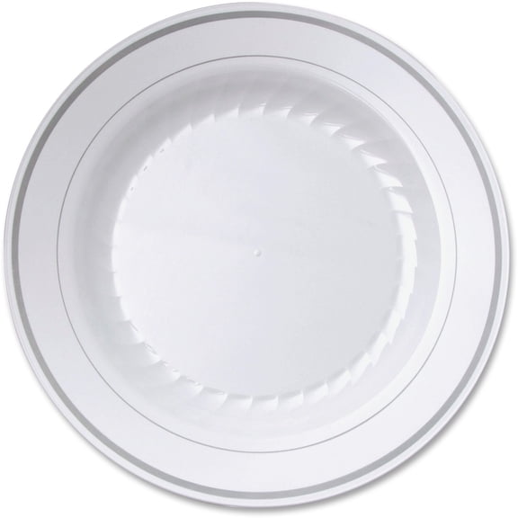 Masterpiece Plastic Dinnerware, 9" Dia, White/silver, 10/pack | Bundle of 5
