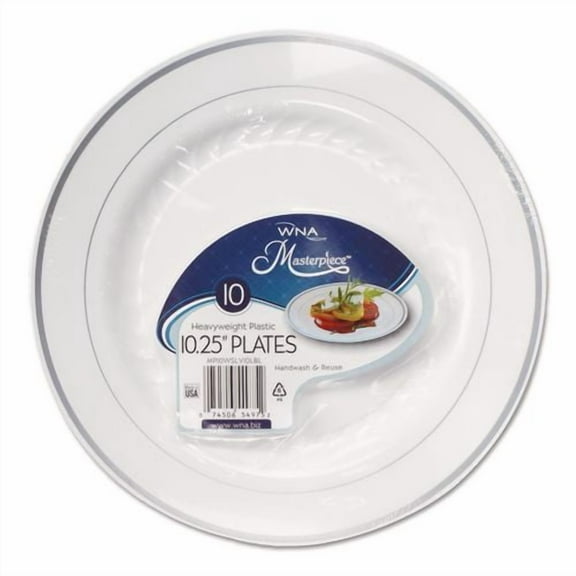 Masterpiece Plastic Plates, 10.25" dia, White/Silver, 10/Pack, 12 Packs/Carton | Bundle of 2