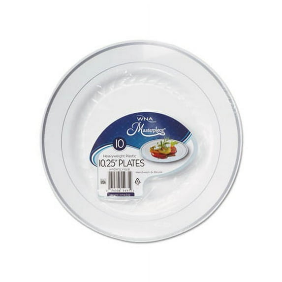 Masterpiece Plastic Plates 10.25 in, White w/Silver Accents, Round, 120/Carton