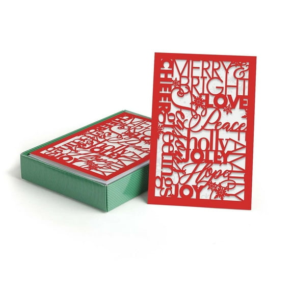 Masterpiece Red Christmas Words Holiday Cards / 10 Laser Cut Snowflake Cards With Coordinating Envelopes / 5" x 7" Folded And Boxed Greeting Cards With Inside Verse