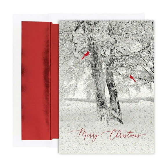 Masterpiece Snowy Trees & Cardinals Christmas Cards / 15 Holiday Cards With Coordinating Red Foil Lined Envelopes / 5 5/8" x 7 7/8" Folded Glitter And Red Foil Accents Greeting Card With Inside Verse
