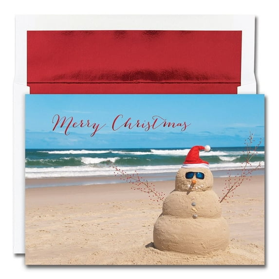 Masterpiece Studios Beach Snowman Warmest Wishes 16-Count Boxed Christmas Cards with Foil-Lined Envelopes, 7.8" x 5.6"