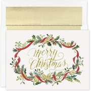 Masterpiece Studios Holiday Collection 15-Count Boxed Christmas Cards with Foil-Lined Envelopes, 7.8" x 5.6", Glittering Merry Pines (940200)