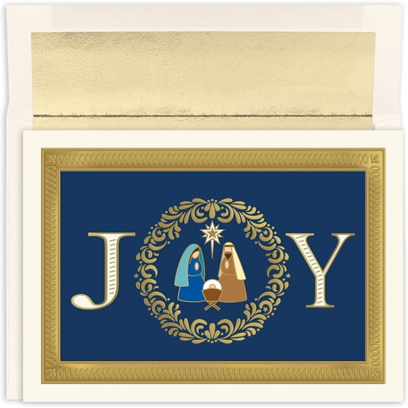 Masterpiece Studios Holiday Collection 15-Count Boxed Embossed Religious Christmas Cards with Foil-Lined Envelopes, 7.8" x 5.6", Joy Nativity (930700)