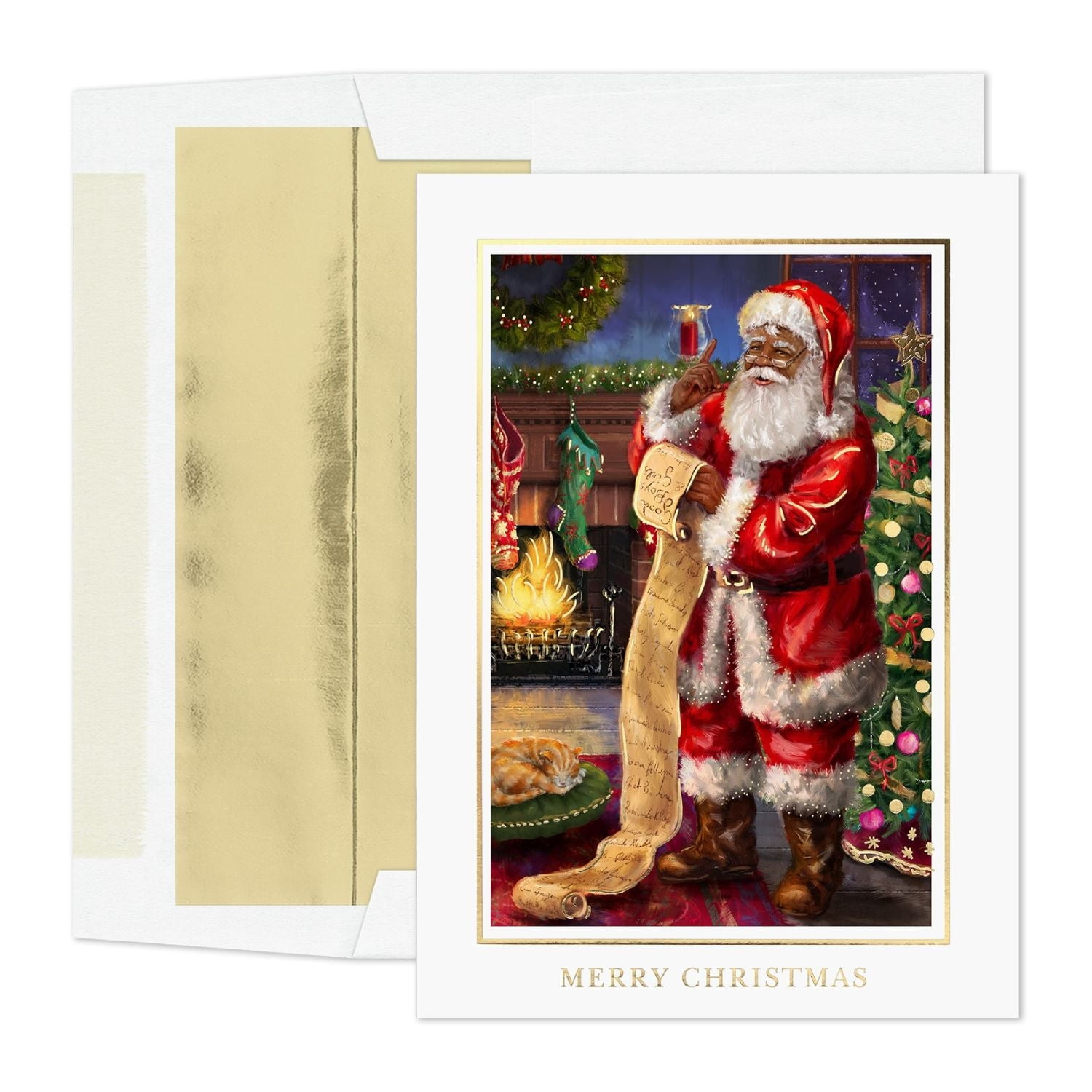 Masterpiece Studios Holiday Collection 16-Count African American Santa Claus Christmas Cards with Foil-Lined Envelopes, 5.6" x 7.8", Naughty or Nice (980500), gold