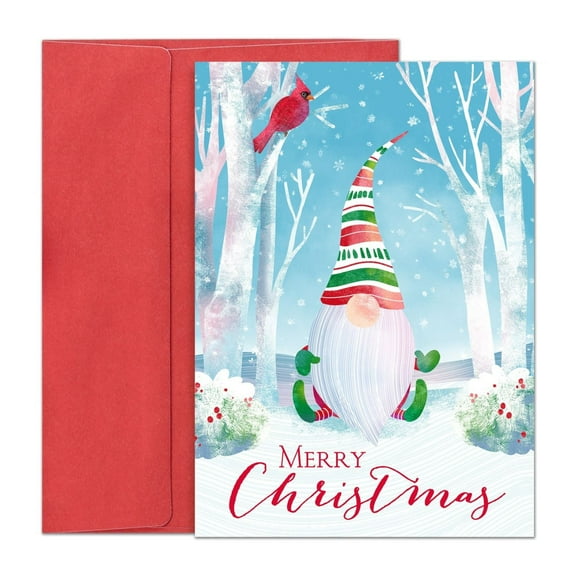 Masterpiece Studios Holiday Collection 16-Count Boxed Christmas Cards with Envelopes, 5.6" x 7.8", Woodland Gnome (977300), red