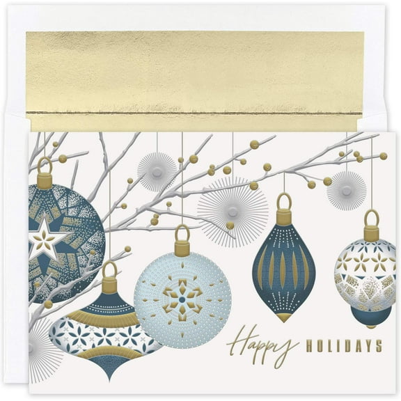 Masterpiece Studios Holiday Collection 16-Count Boxed Embossed Christmas Cards with Foil-Lined Envelopes, 7.8" x 5.6", Silver & Gold Baubles (939300)