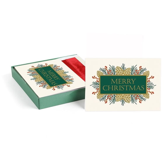 Masterpiece Pines Of Christmas Cards / 15 Boxed Merry Christmas Card Set With Coordinating Envelopes / 5 5/8" x 7 7/8" Folded Winter Pinecone Holiday Greeting Cards With Inside Verse