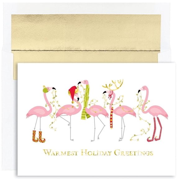 Masterpiece Studios Fashionista Flamingos Warmest Wishes 16-Count Boxed Holiday Cards with Foil-Lined Envelopes, 7.8" x 5.6"