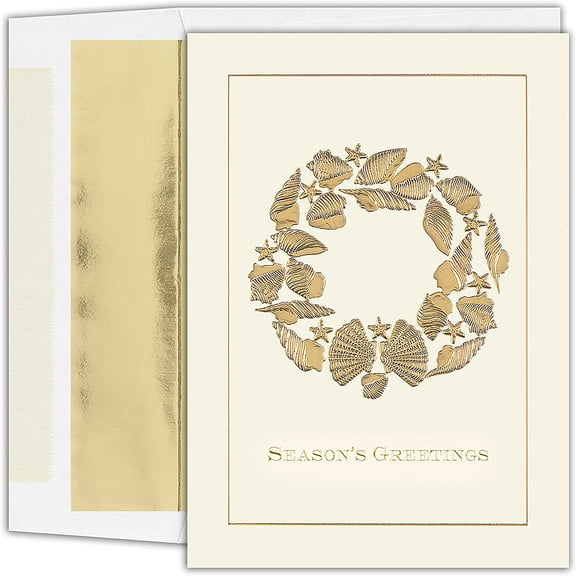 Masterpiece Studios Warmest Wishes 16-Count Boxed Holiday Cards With Foil-Lined Envelopes, Golden Shell Wreath, 5.6" x 7.8" (947800)