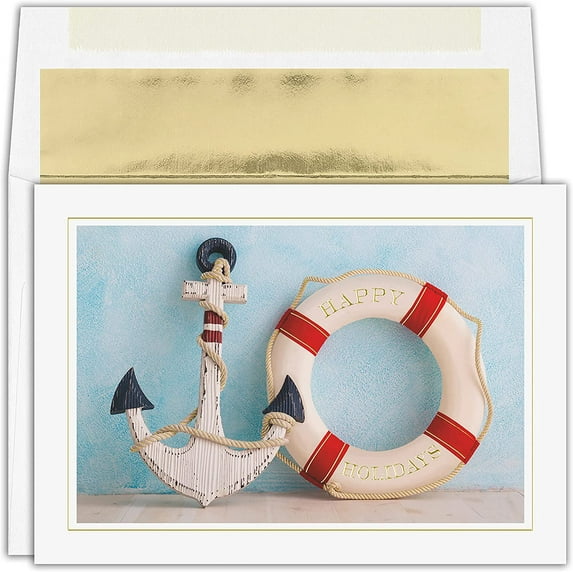 Masterpiece Studios Warmest Wishes 18-Count Boxed Holiday Cards With Foil-Lined Envelopes, Anchored for the Holidays, 5.6" x 7.8" (948100)