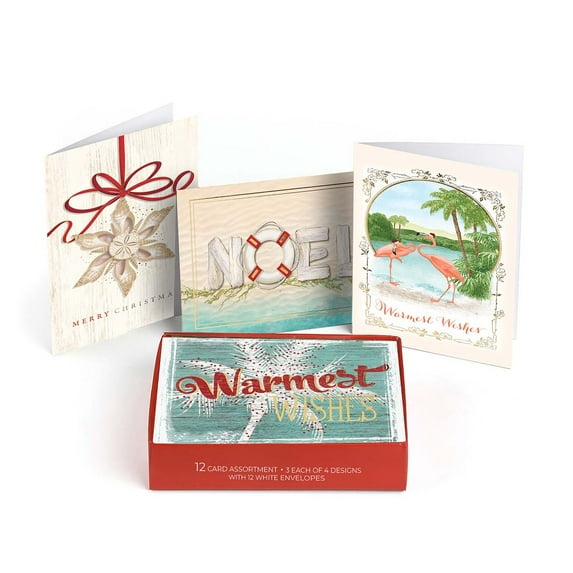 Masterpiece Warm Weather Christmas Card Assortment / 12 Holiday Cards With Gold Foil And Coordinating White Envelopes / 4" x 6" Folded Greeting Cards With Inside Verse / 4 Beach Designs