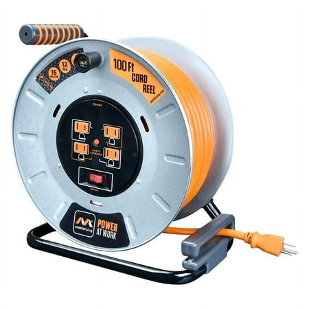 Masterplug - 100Ft 4 Sockets 15A 12AWG Large Open Metal Reel - Metal & Orange